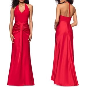 NEW Betsy & Adam RED Halter SATIN Draped RUCHED Pleated EVENING Dress GOWN 2